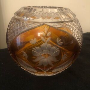 Vintage Bohemian Cut Crystal Rose Bowl Vase Amber yellow 6”